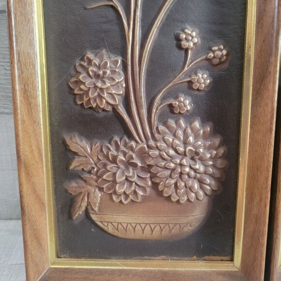 Vintage 3D Floral & Pinecone Wall Plaques Brown & Gold Mid-Century Art Decor - Picture 2 of 9